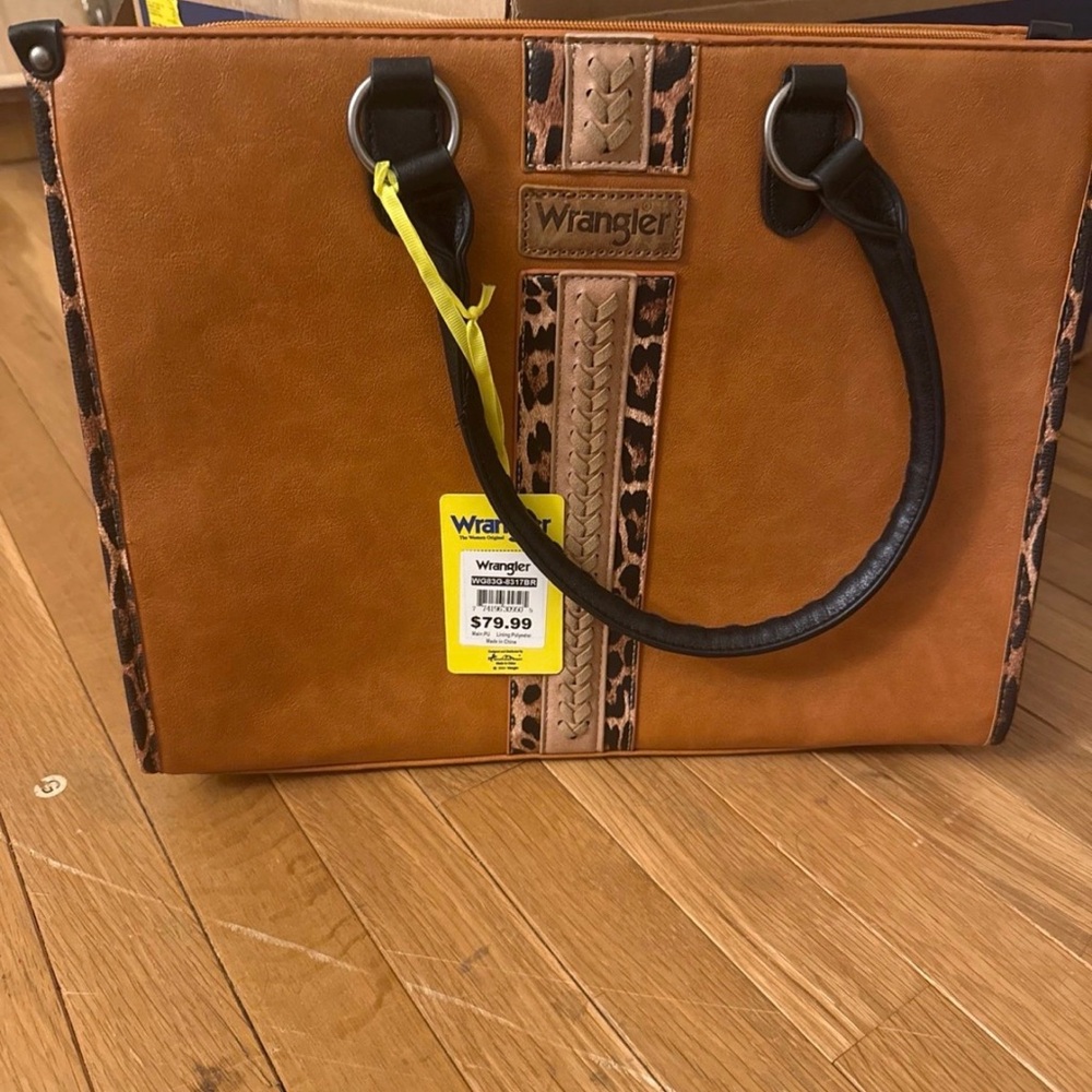 Wrangler Brown Tote with Leopard-Print Trim and Black Handles